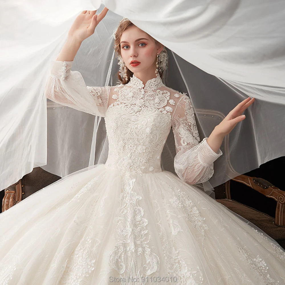 Stunning Shinny Wedding Dress Customized High Collar Covered Button Long Sleeves Ball Bridal Gowns Real Work Vestido Noiva