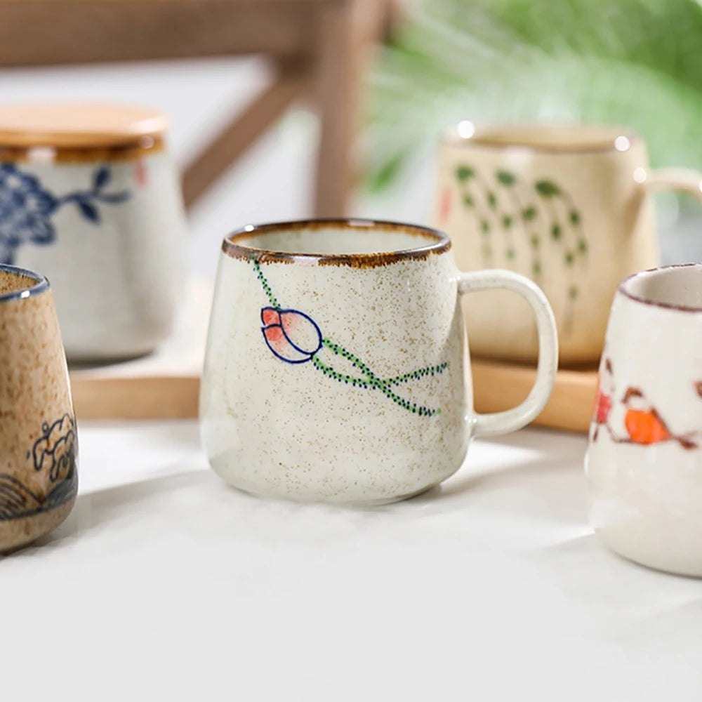 Kiln Change Clay Coffee Mug with Lid and Spoon, Unique Retro Style Ceramic Cups, Creative Gift for Friends, 380ml