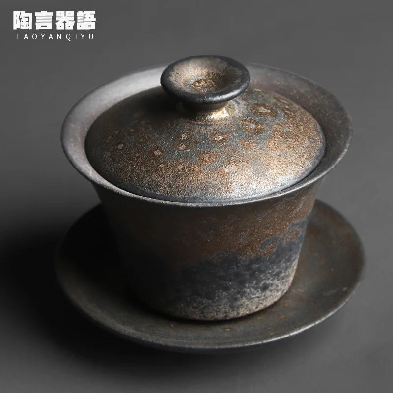 Vintage Stoneware Covered Bowl Handmade Pottery Kung Fu Tea Ceremony Wide Mouth Hand Grab Tea Bowl Tea Set