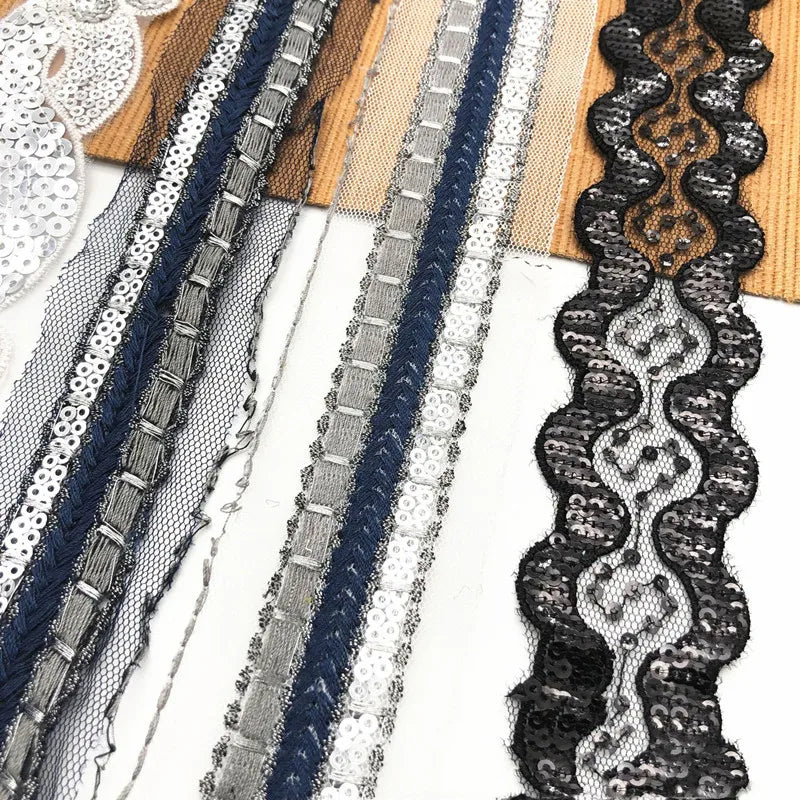 1 Yards Sequins Ribbon Embroidered Lace Fabric Cloth Dress Material DIY