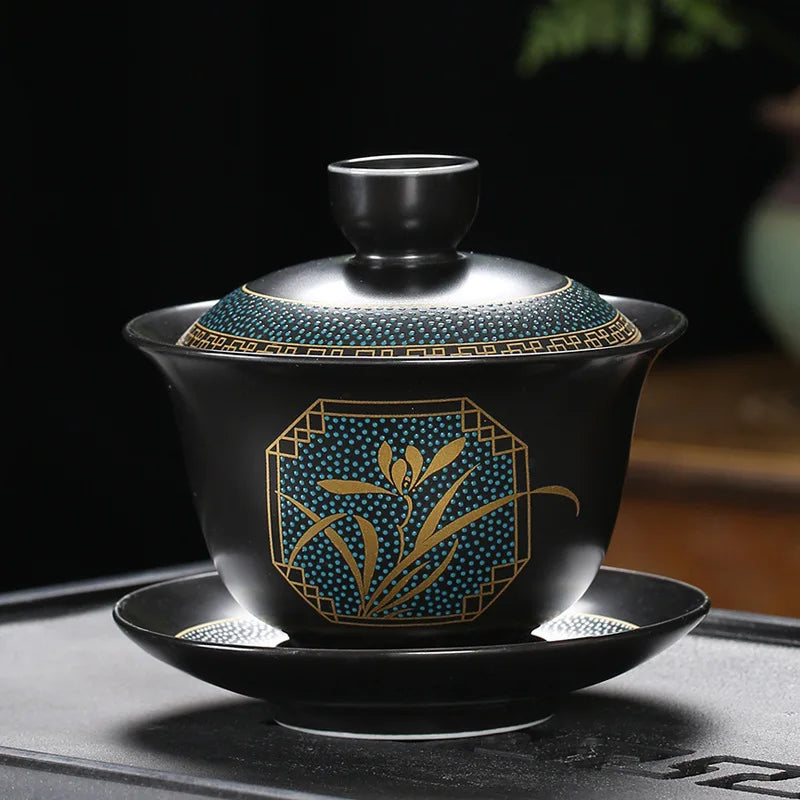 Chinese Teaset Classical Gaiwan Tea Cups Black Clay Tureen 180ml Lid Bowl Saucer Traditional Handmade Tea Brew Tea Cup