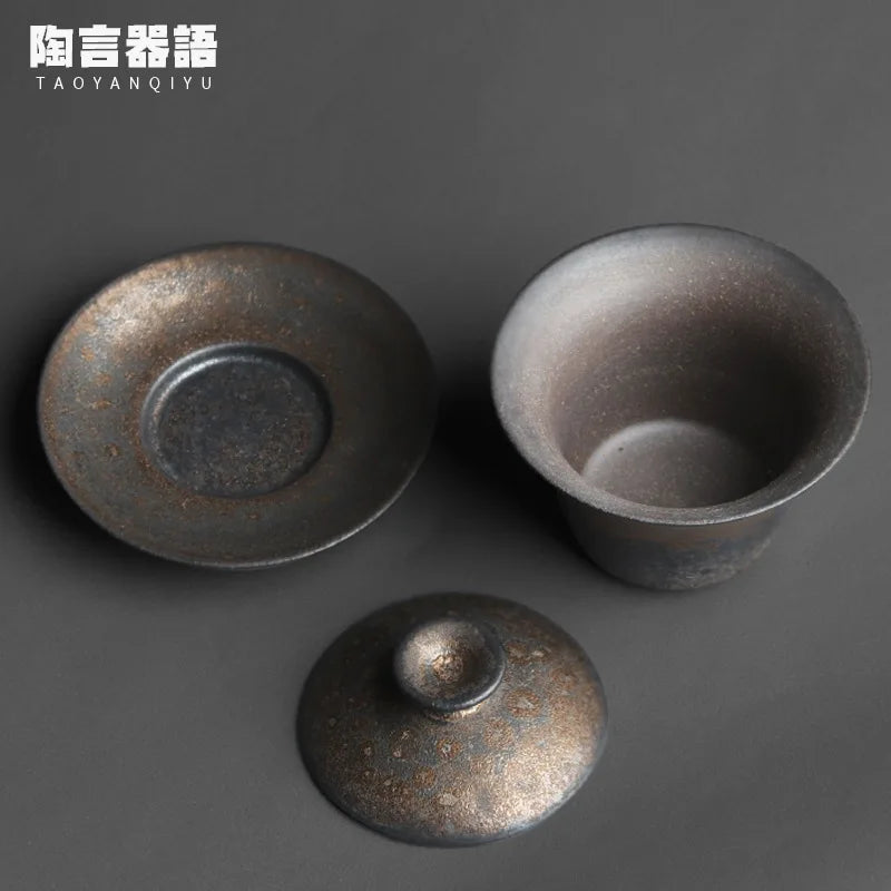 Vintage Stoneware Covered Bowl Handmade Pottery Kung Fu Tea Ceremony Wide Mouth Hand Grab Tea Bowl Tea Set