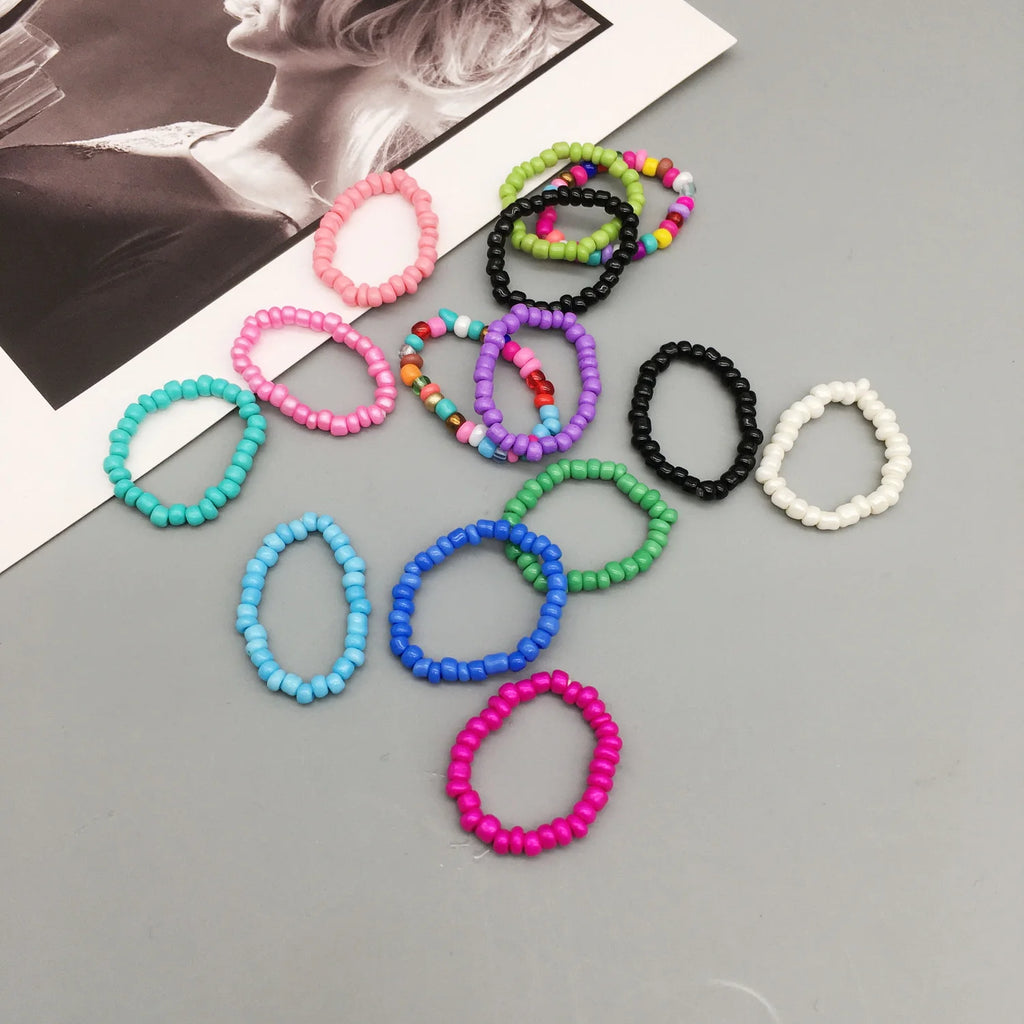 Simple Seed Beads Rings For Women Fashion Crystal Beaded Rings Cute Minimalist Coloful Beads Geometric Stacked Fine Rings