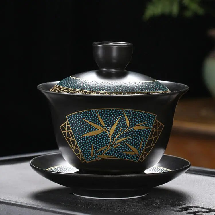 Chinese Teaset Classical Gaiwan Tea Cups Black Clay Tureen 180ml Lid Bowl Saucer Traditional Handmade Tea Brew Tea Cup