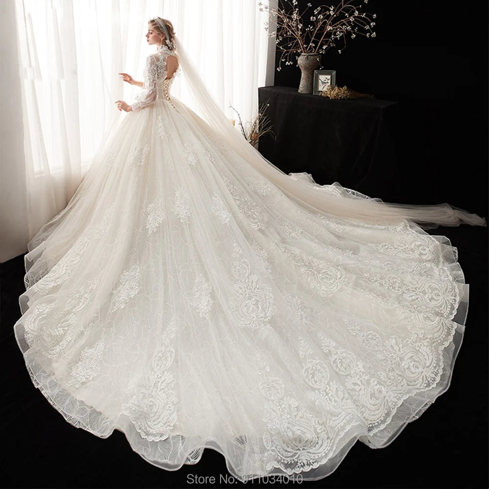 Stunning Shinny Wedding Dress Customized High Collar Covered Button Long Sleeves Ball Bridal Gowns Real Work Vestido Noiva
