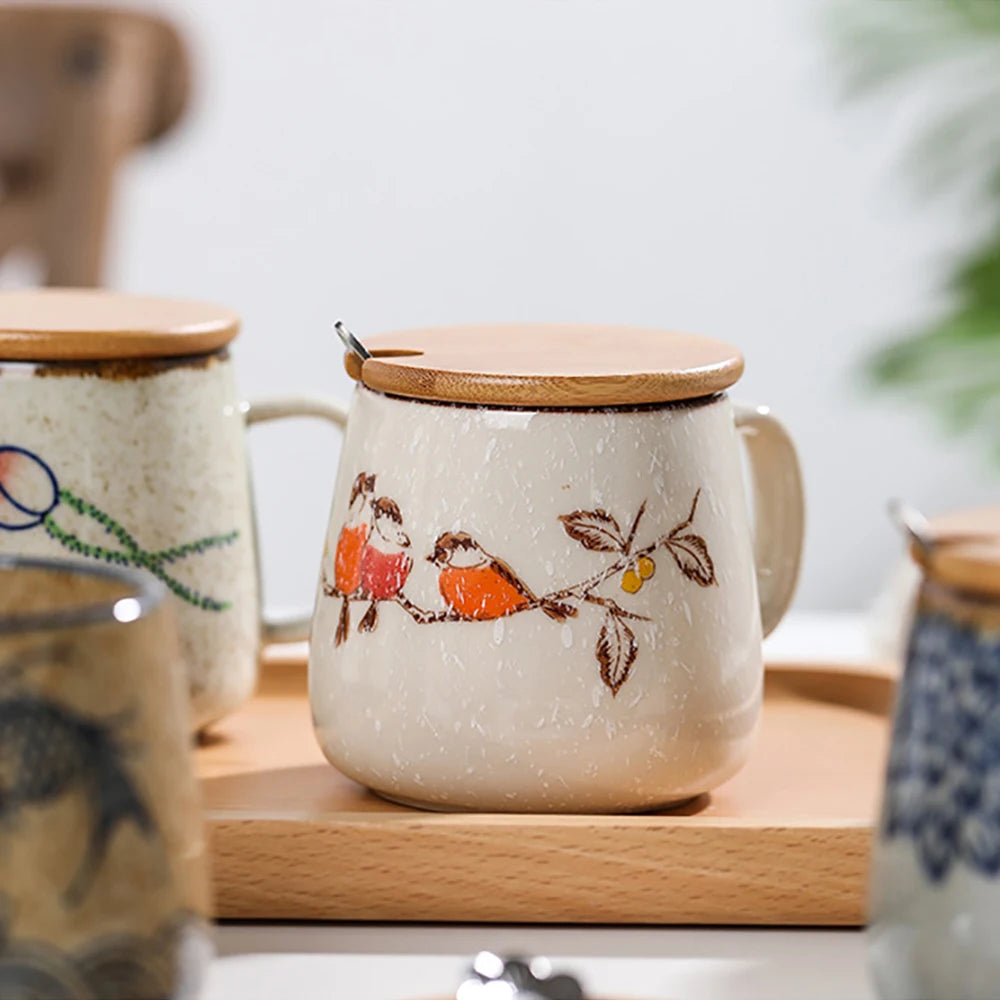 Kiln Change Clay Coffee Mug with Lid and Spoon, Unique Retro Style Ceramic Cups, Creative Gift for Friends, 380ml