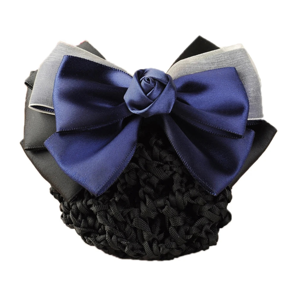 New Floral Lace Satin Bow Hair Net Barrette Bank Staff Flight Attendant Nurses Satin Hair Clip Net Snood Women Hair Accessories