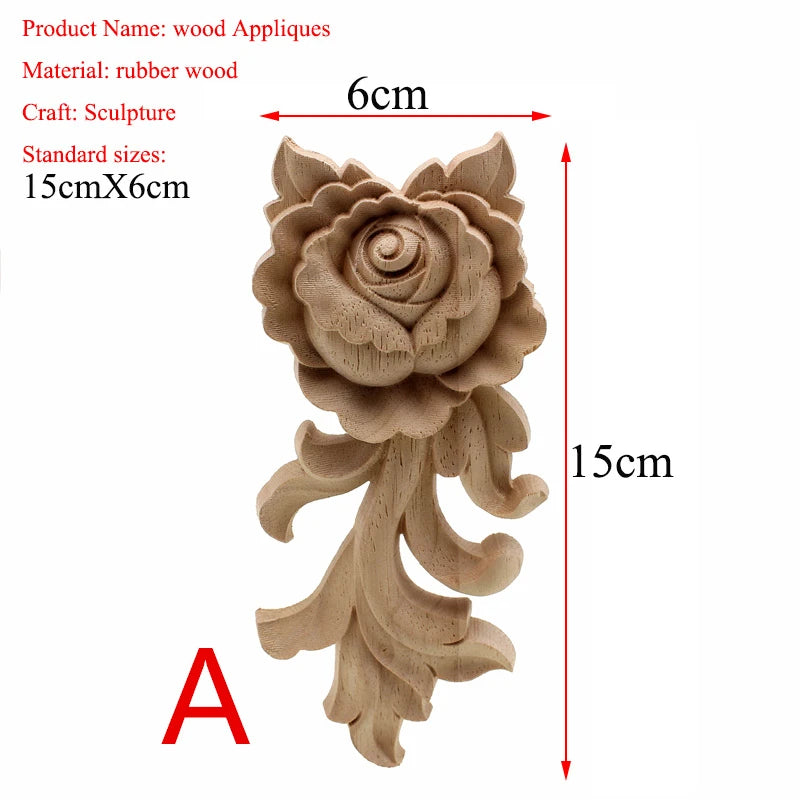 VZLX New Flower Wood Carving Natural Wood Appliques for Furniture Cabinet Unpainted Wooden Mouldings Decal Decorative Figurine