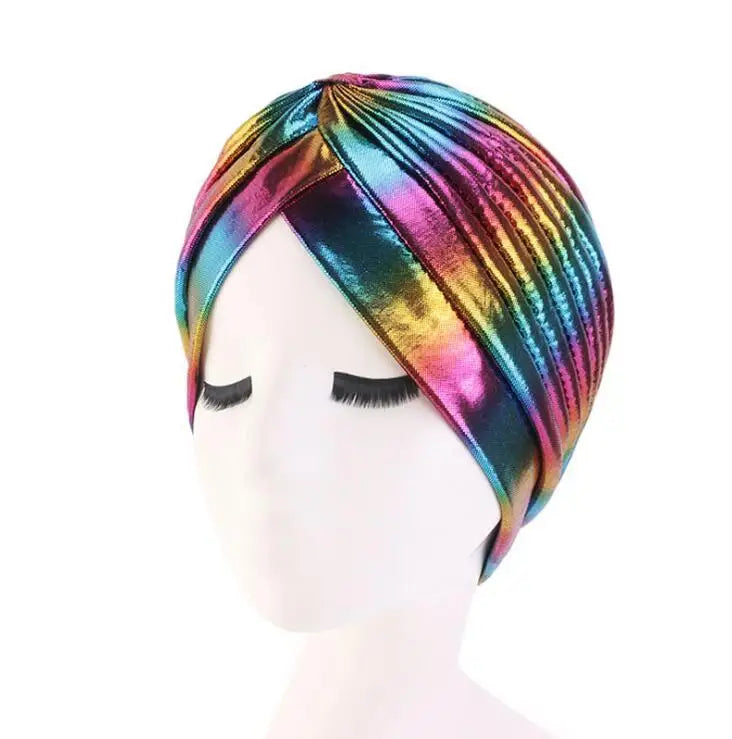 Women Glitter Turban Caps Muslim Head Rainbow India Cap Headwrap Chemo Hair Loss Hat Islamic Headscarf Bonnet Beanies