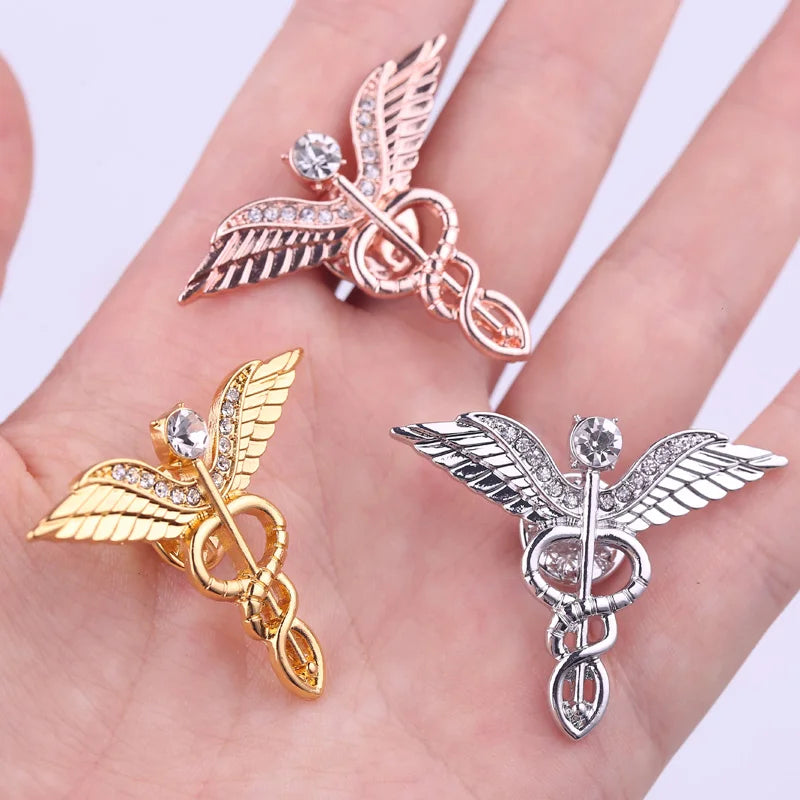 3 Colors Caduceus Large Brooches 3.2CM Brooch Badges Lapel Pin Men Rod Of Asclepius Emergency Crystal Brooch For Medical Staff