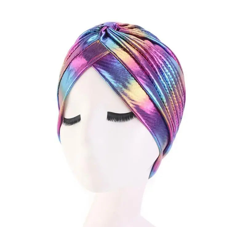 Women Glitter Turban Caps Muslim Head Rainbow India Cap Headwrap Chemo Hair Loss Hat Islamic Headscarf Bonnet Beanies