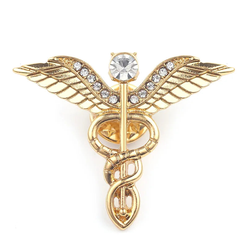 3 Colors Caduceus Large Brooches 3.2CM Brooch Badges Lapel Pin Men Rod Of Asclepius Emergency Crystal Brooch For Medical Staff