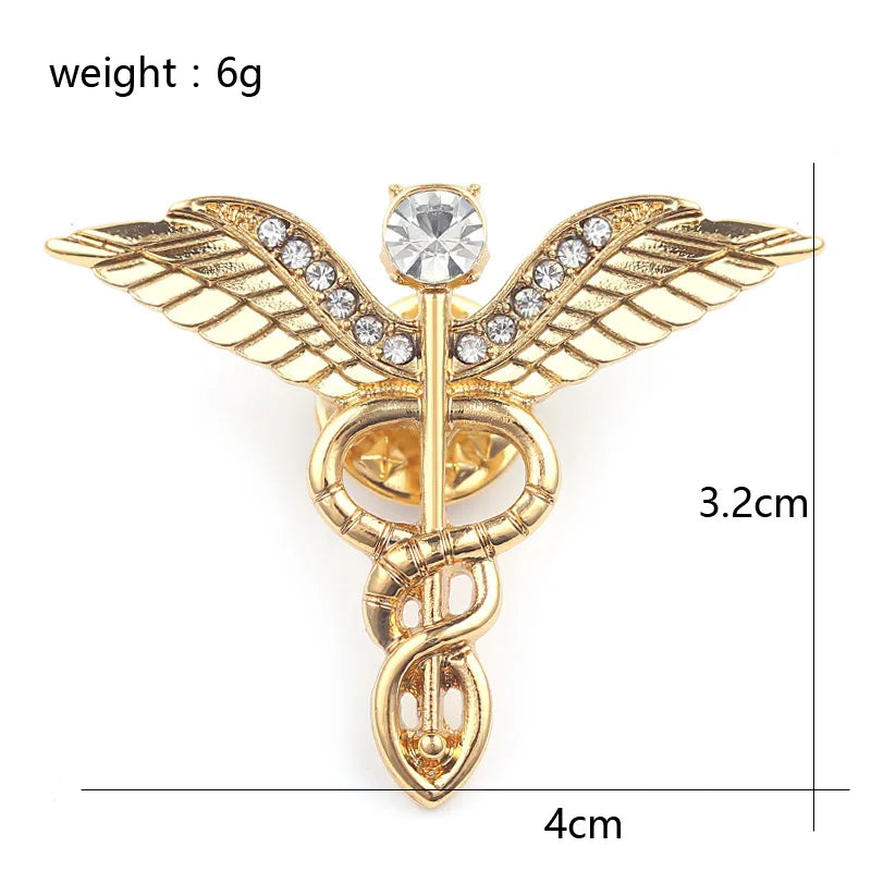 3 Colors Caduceus Large Brooches 3.2CM Brooch Badges Lapel Pin Men Rod Of Asclepius Emergency Crystal Brooch For Medical Staff