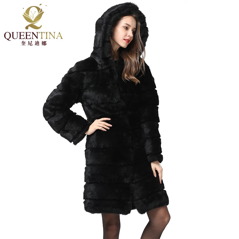 QUEENTINA New Winter Real Rabbit Fur Jacket Black Thick Warm Soft Women Christmas Outwear Full Pelt Natural Fur Coats