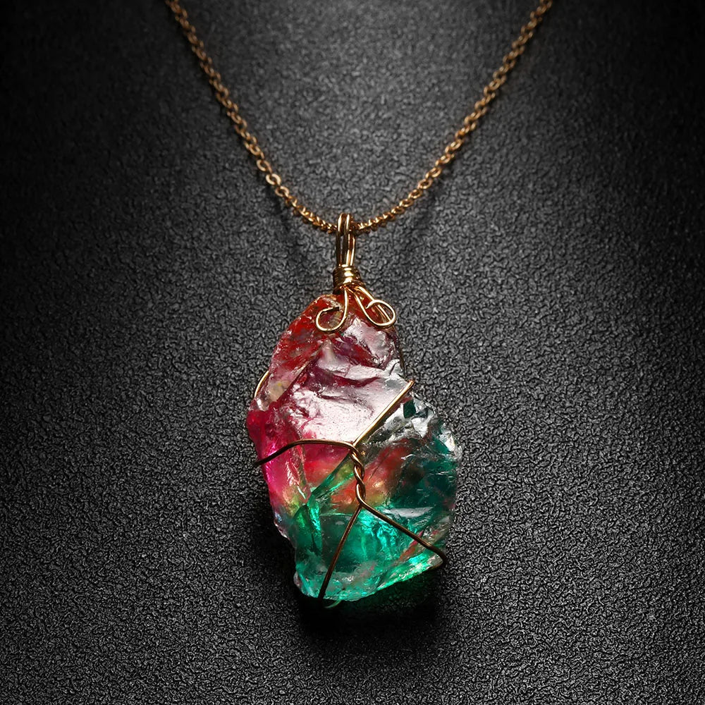 1Pc Irregular Rainbow Stone Natural Crystal Chakra Rock Necklace Golden Plated Quartz Pendant Nice Gift For Lover Friends