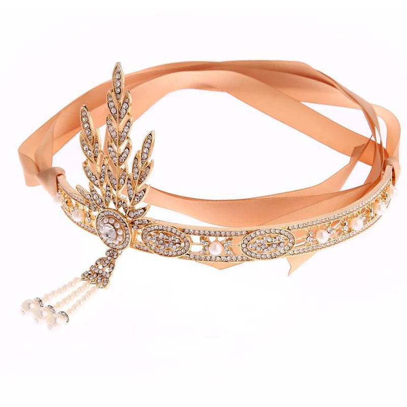 Art Deco Women 1920s Vintage Bridal Headpiece Costume Hair Accessories Flapper Great Gatsby Leaf Medallion Pearl Headband
