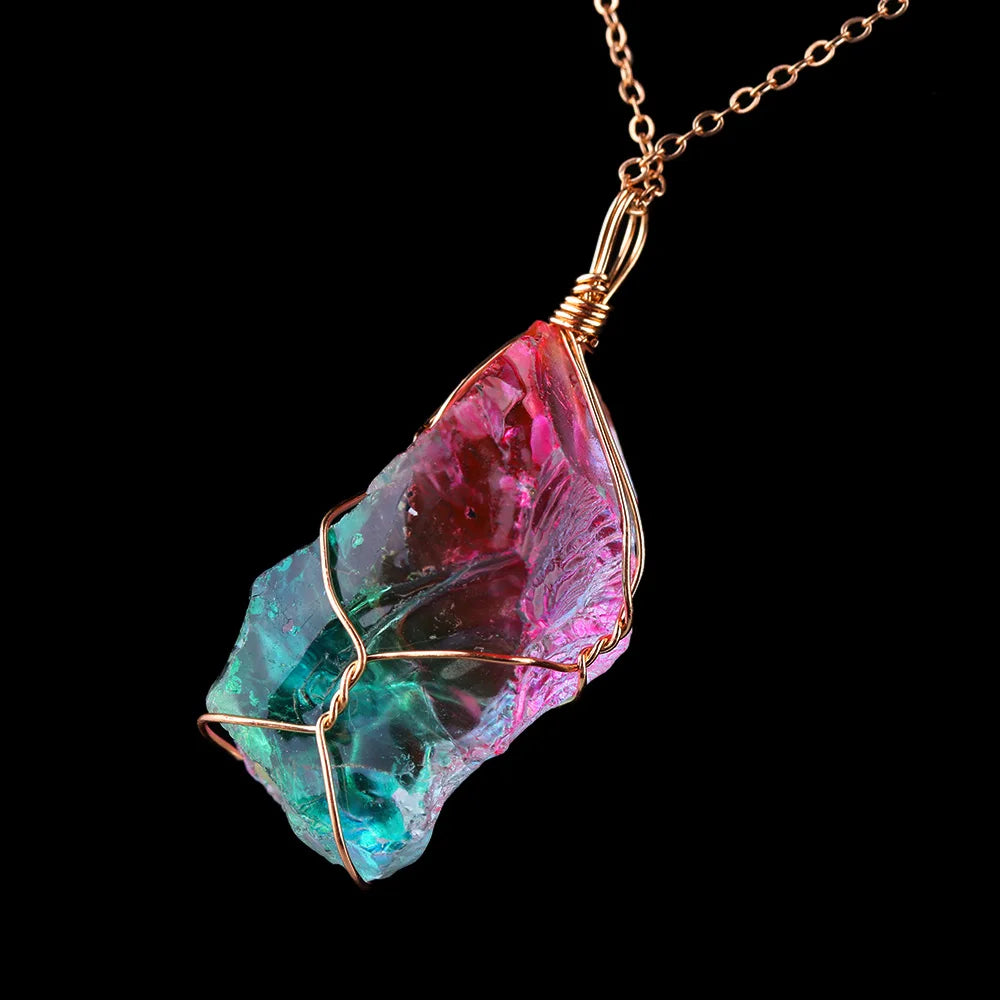 1Pc Irregular Rainbow Stone Natural Crystal Chakra Rock Necklace Golden Plated Quartz Pendant Nice Gift For Lover Friends