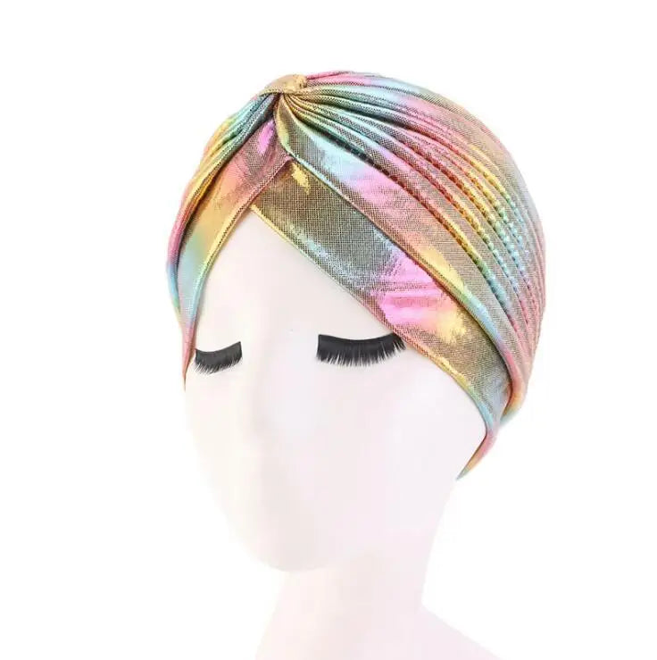 Women Glitter Turban Caps Muslim Head Rainbow India Cap Headwrap Chemo Hair Loss Hat Islamic Headscarf Bonnet Beanies
