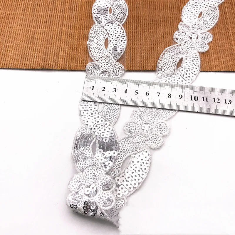 1 Yards Sequins Ribbon Embroidered Lace Fabric Cloth Dress Material DIY