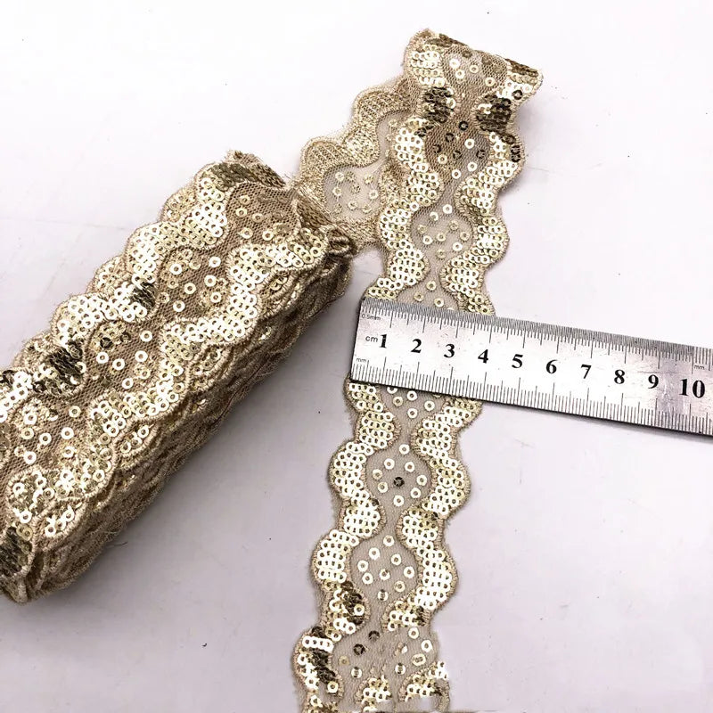 1 Yards Sequins Ribbon Embroidered Lace Fabric Cloth Dress Material DIY
