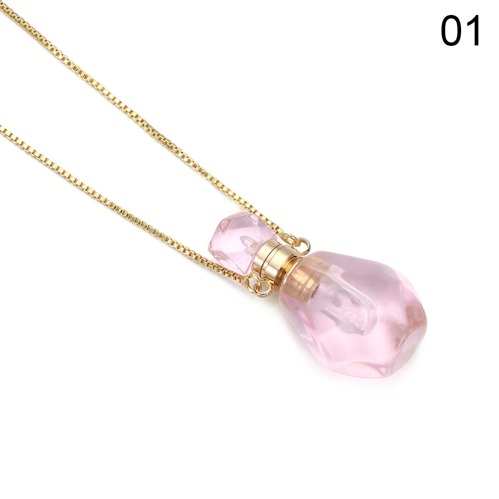 Natural Stone Perfume Bottle Necklace Amethysts Quartz Water Drop Pendant Necklace Crystal Essential Oil Diffuser Vial Jewelry