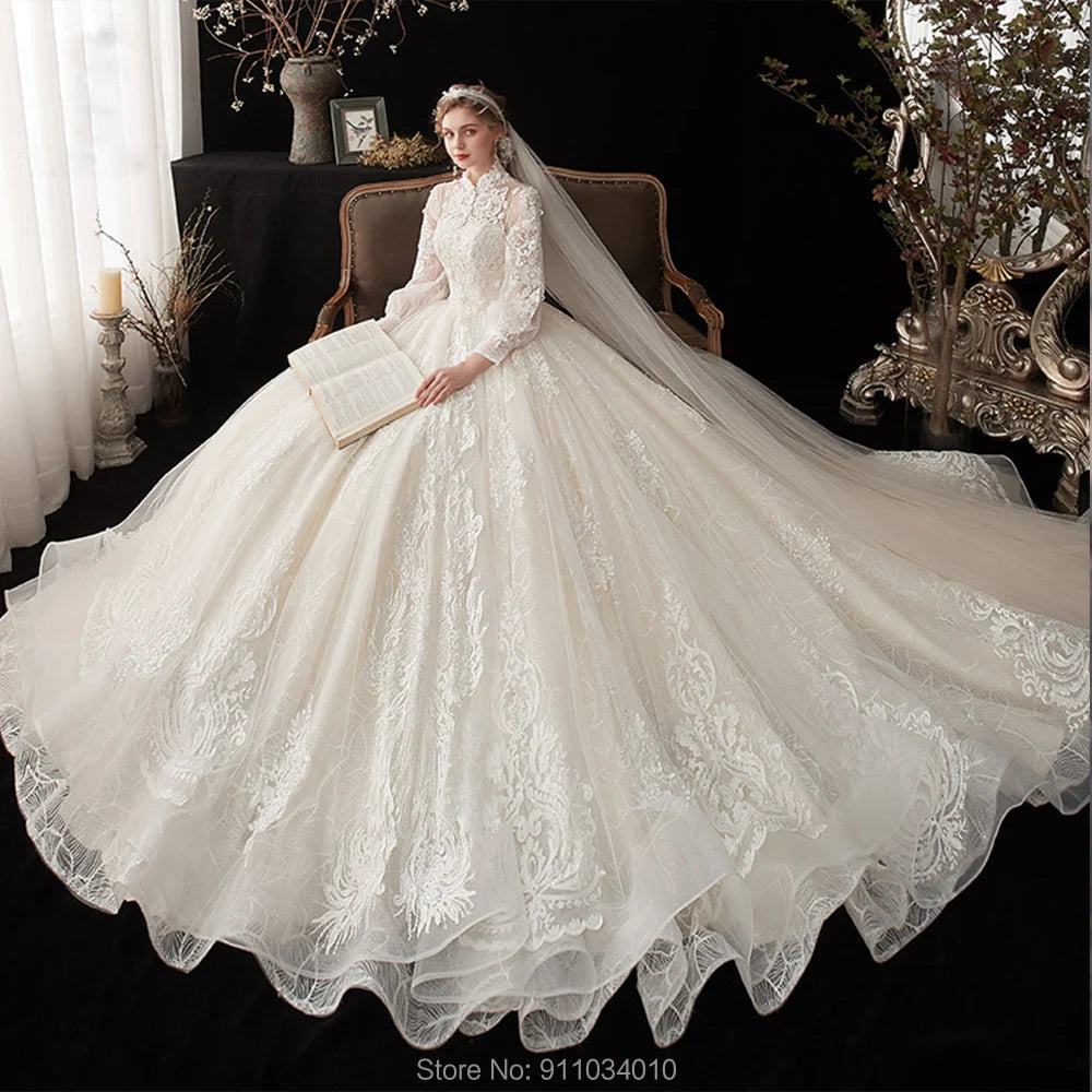 Stunning Shinny Wedding Dress Customized High Collar Covered Button Long Sleeves Ball Bridal Gowns Real Work Vestido Noiva