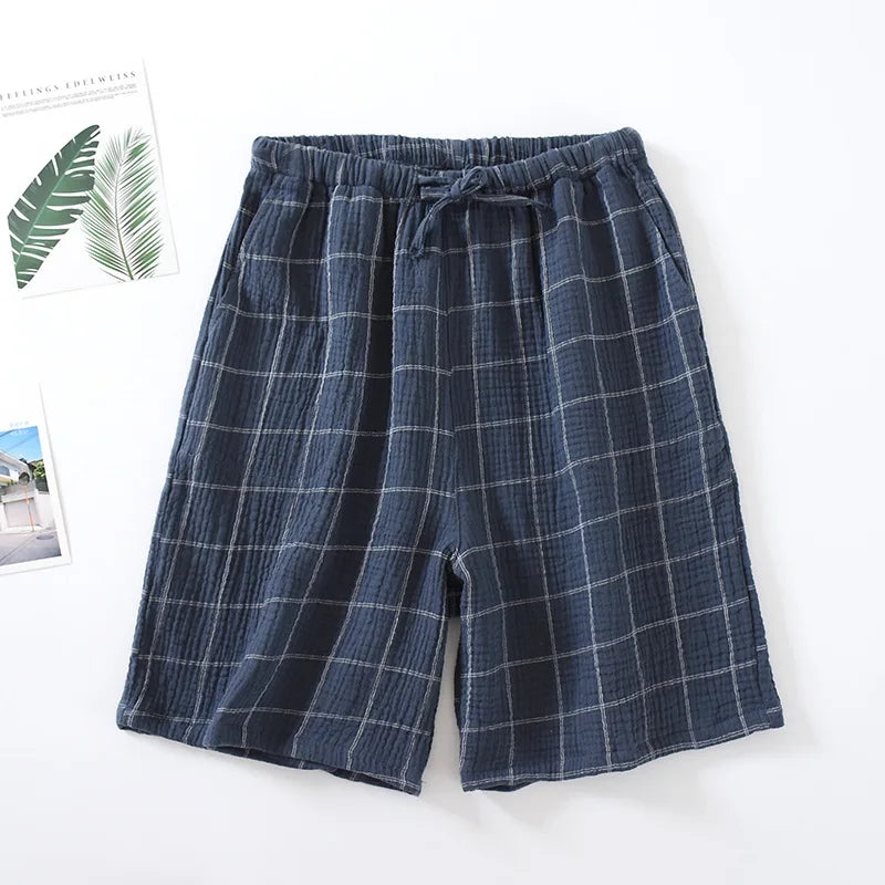 2025 New Summer Men's 100%Cotton Crepe Cloth Shorts Thin Breathable Large Size Simple Lattice Home Pants Pajama Pants Sleep Wear