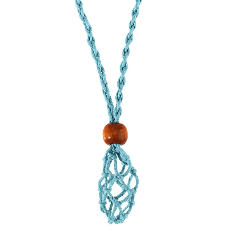 Retro Woven Natural Stone Pendant Necklace Net Pocket Hollow Handmade Jewelry Men and Women the Same Style Without Gems
