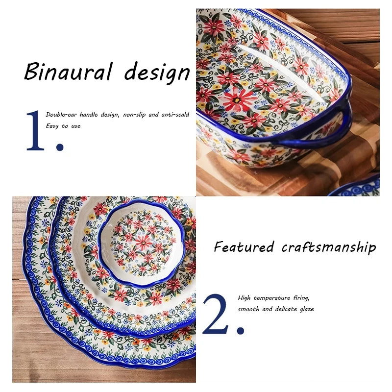 New Ceramic Bowls Polish Style Bakeware Baking Binaural Bowl With Handle  Tableware Salad Dessert Steak Pasta Plate