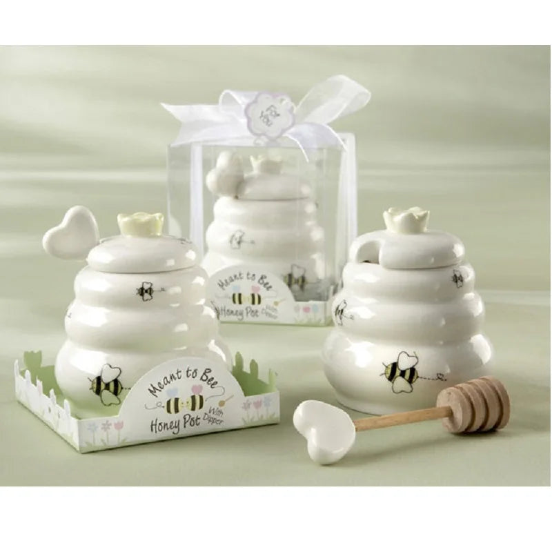 Mini Ceramic Honey Pot Set With Honey Dipper MEANT TO BEE in Gift Box Party Favors