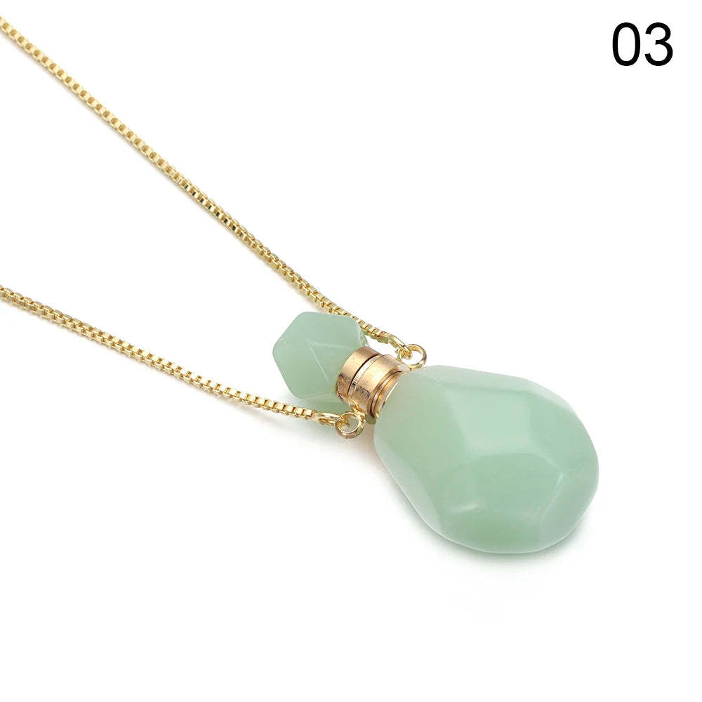 Natural Stone Perfume Bottle Necklace Amethysts Quartz Water Drop Pendant Necklace Crystal Essential Oil Diffuser Vial Jewelry