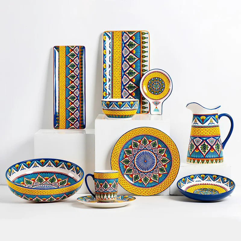 Plates Dinner Serving Ceramic Tableware Household Kettle Bohemia Rectangular Flat Dish Steak Salad Tray Soup Noodle Bowl Mug