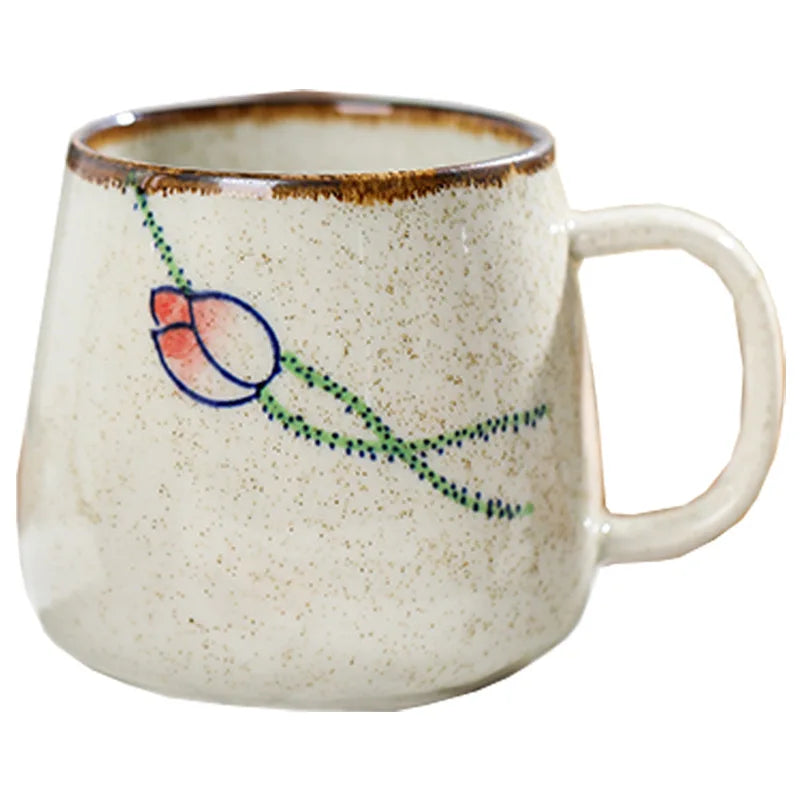 Kiln Change Clay Coffee Mug with Lid and Spoon, Unique Retro Style Ceramic Cups, Creative Gift for Friends, 380ml