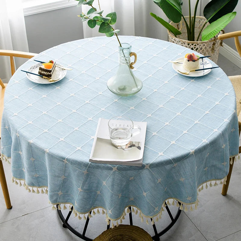 Plaid Cotton Linen Round Tablecloth Wedding Hotel Banquet Cloth Table cover Indoor Dining Room Kitchen Outdoor Decoration