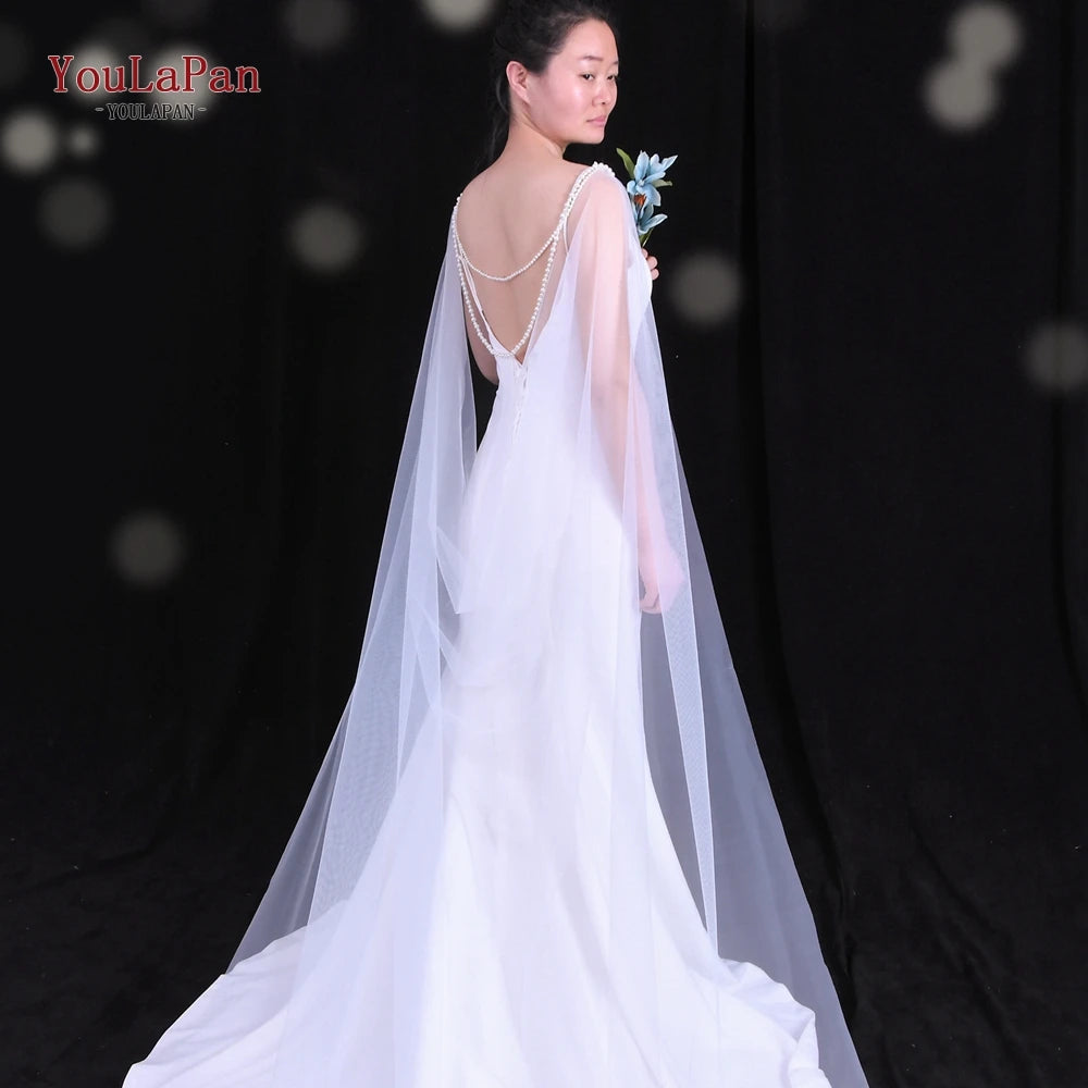 YouLaPan G33 Wedding Cape Bridal Shaw Plain Bridal Shawl Simple Church  Wedding Tail Long Soft Yarn Cloak DIY Shrug