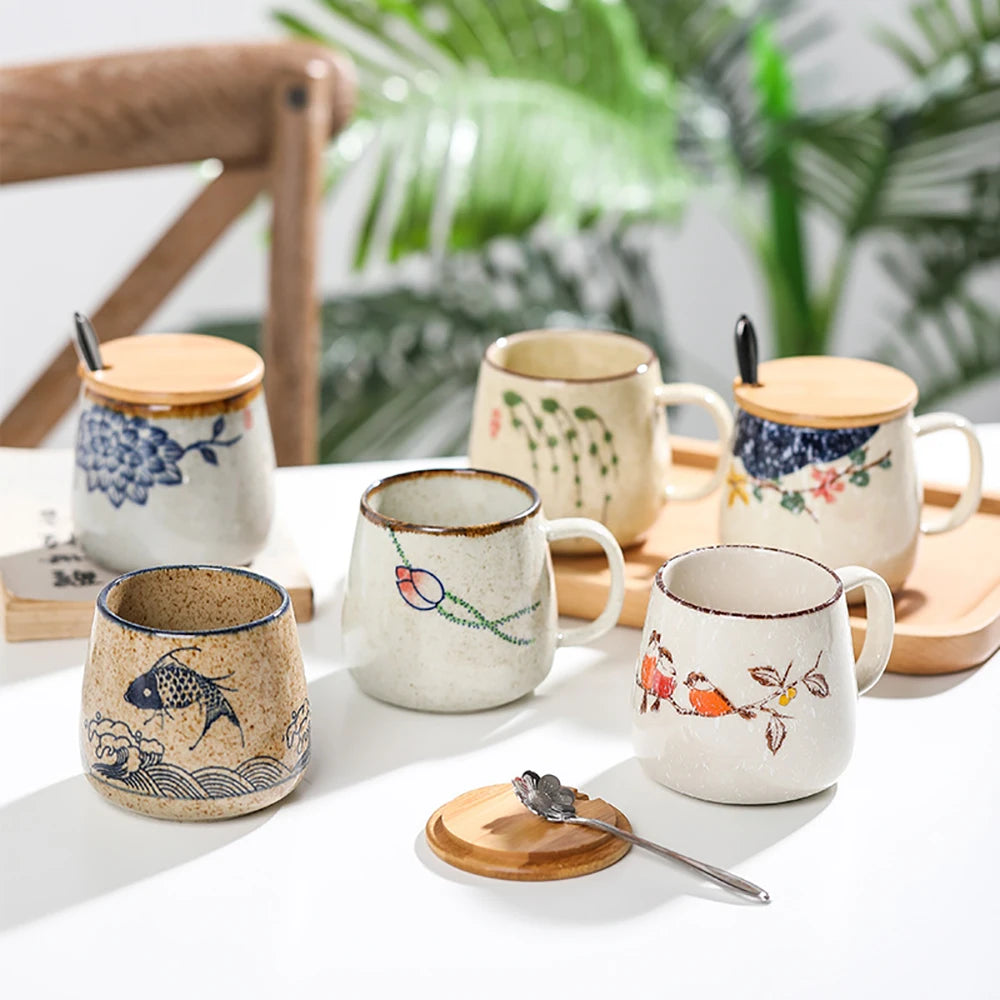 Kiln Change Clay Coffee Mug with Lid and Spoon, Unique Retro Style Ceramic Cups, Creative Gift for Friends, 380ml