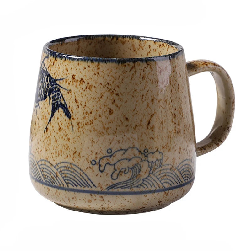 Kiln Change Clay Coffee Mug with Lid and Spoon, Unique Retro Style Ceramic Cups, Creative Gift for Friends, 380ml
