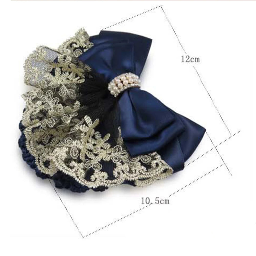 New Floral Lace Satin Bow Hair Net Barrette Bank Staff Flight Attendant Nurses Satin Hair Clip Net Snood Women Hair Accessories