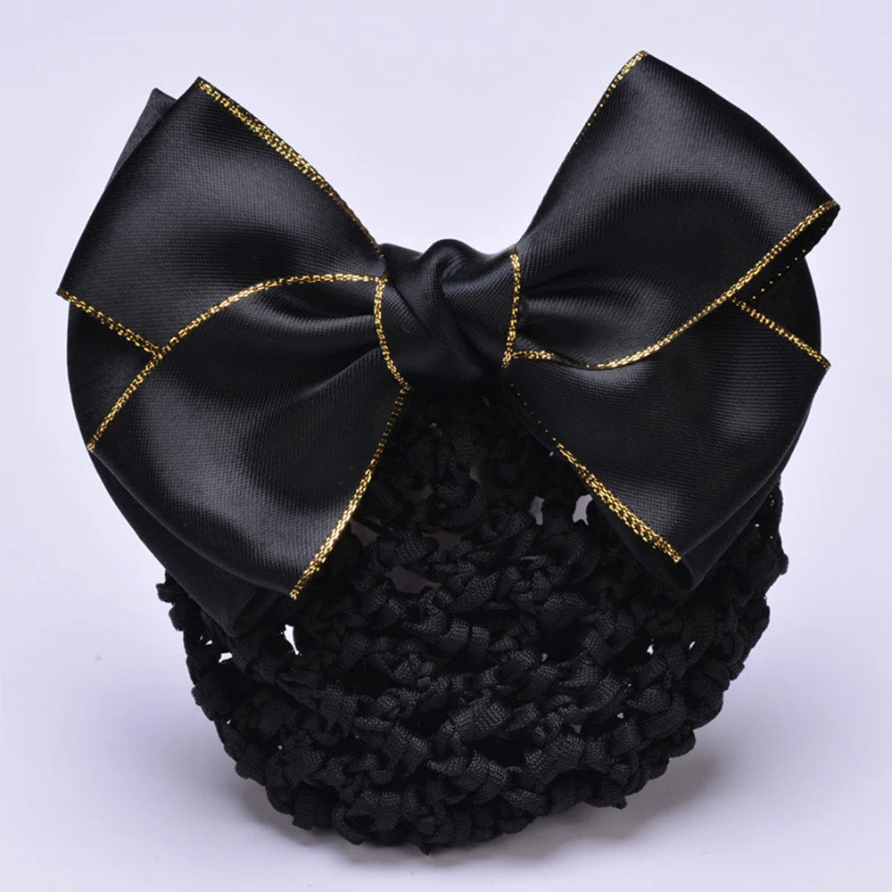 New Floral Lace Satin Bow Hair Net Barrette Bank Staff Flight Attendant Nurses Satin Hair Clip Net Snood Women Hair Accessories