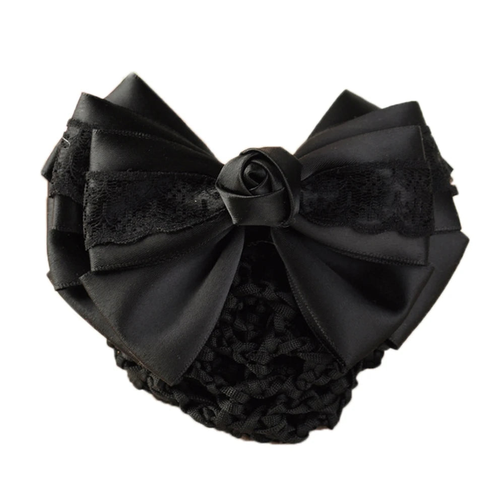 New Floral Lace Satin Bow Hair Net Barrette Bank Staff Flight Attendant Nurses Satin Hair Clip Net Snood Women Hair Accessories