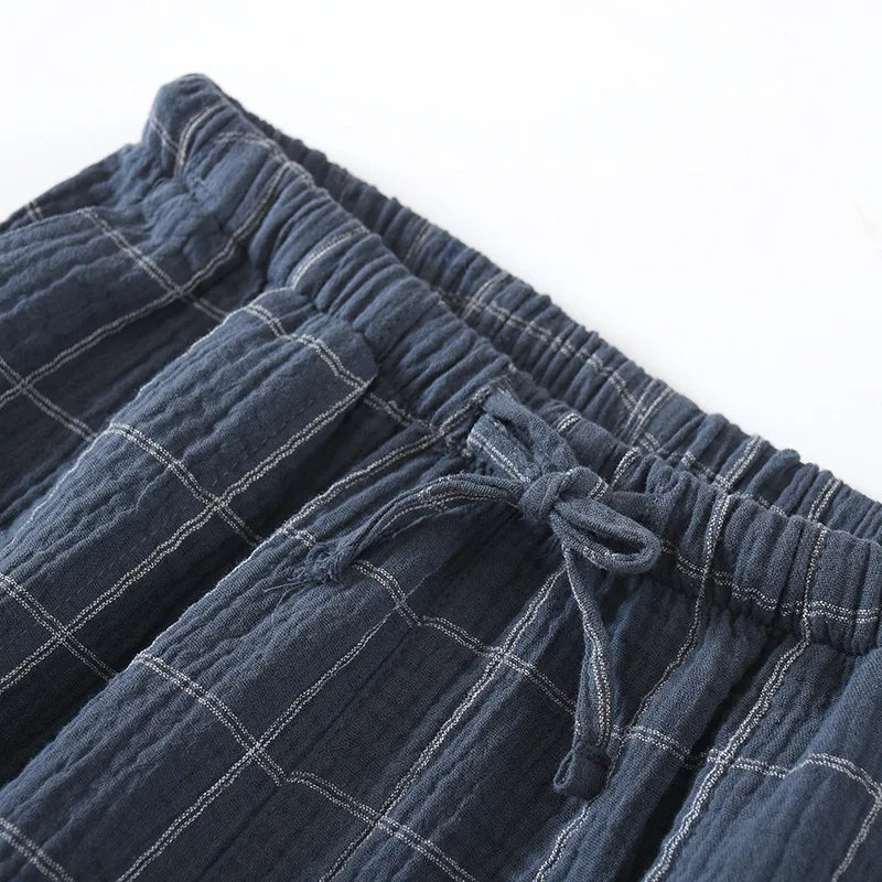 2025 New Summer Men's 100%Cotton Crepe Cloth Shorts Thin Breathable Large Size Simple Lattice Home Pants Pajama Pants Sleep Wear