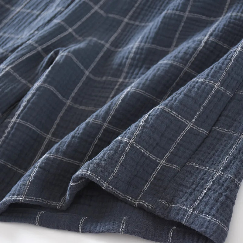 2025 New Summer Men's 100%Cotton Crepe Cloth Shorts Thin Breathable Large Size Simple Lattice Home Pants Pajama Pants Sleep Wear