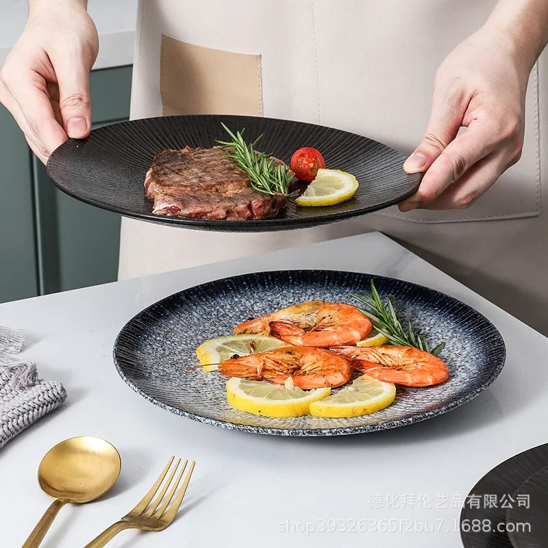 Japanese ceramic striped plate creative steak plate spaghetti plate retro sushi plate restaurant commercial plate