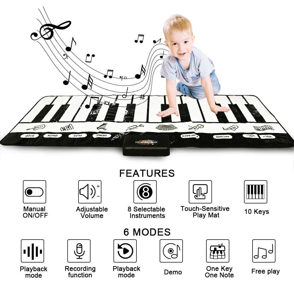 180x72cm Electronic Musical Carpet Black & White Keyboard Kids Playing Piano Mat Baby Play Mat Rug Early Educational Toys Gift