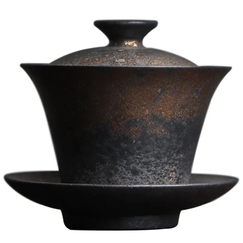 Vintage Stoneware Covered Bowl Handmade Pottery Kung Fu Tea Ceremony Wide Mouth Hand Grab Tea Bowl Tea Set