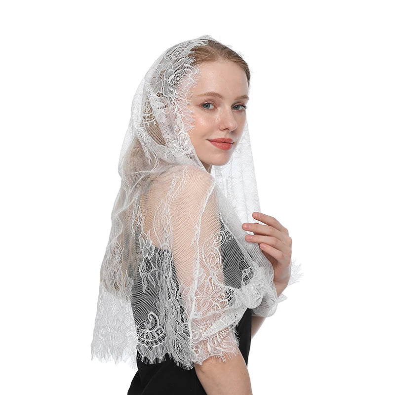 Fashion Church Shawl Lace Veil Polyester Scarf Bandana Church Prayer Wedding Mantilla Chapel White Embroidered Hijab Women Scarf