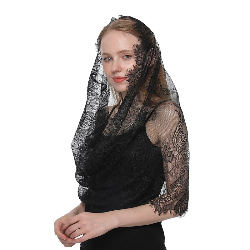 Fashion Church Shawl Lace Veil Polyester Scarf Bandana Church Prayer Wedding Mantilla Chapel White Embroidered Hijab Women Scarf