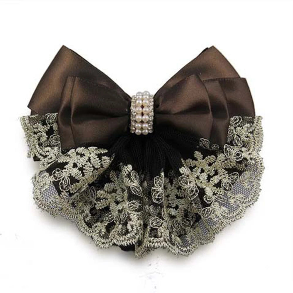 New Floral Lace Satin Bow Hair Net Barrette Bank Staff Flight Attendant Nurses Satin Hair Clip Net Snood Women Hair Accessories