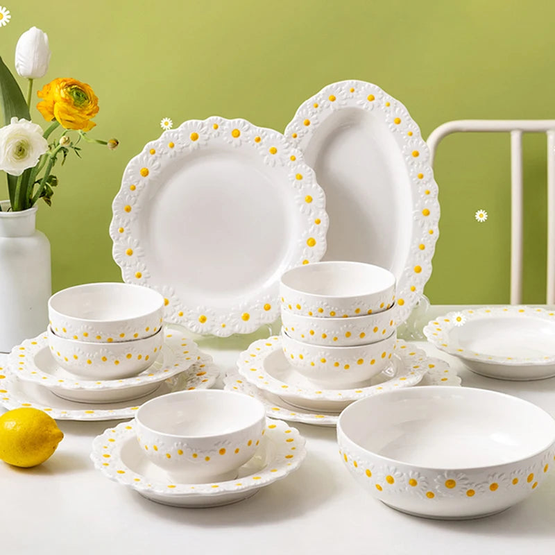 Ceramic Daisy Embossed Creative Dishes, Household Vegetable Rice Soup Bowl Dinner Plate Ceramic Set Combination Tableware