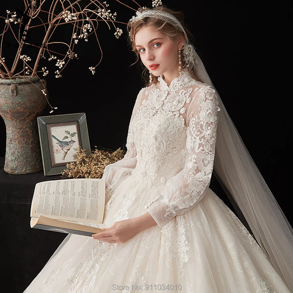 Stunning Shinny Wedding Dress Customized High Collar Covered Button Long Sleeves Ball Bridal Gowns Real Work Vestido Noiva